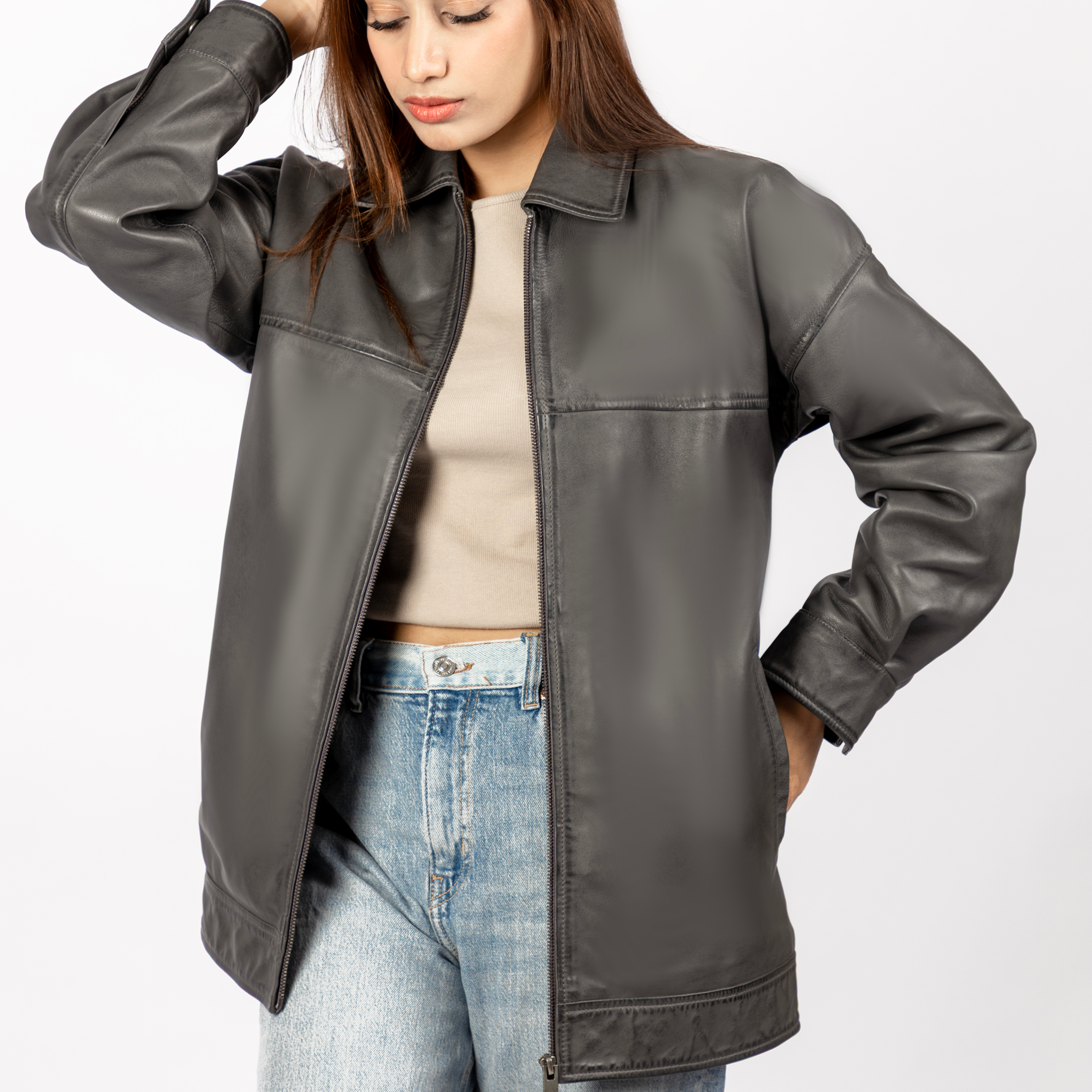 Mandy Oversized Leather Bomber in Dark Grey