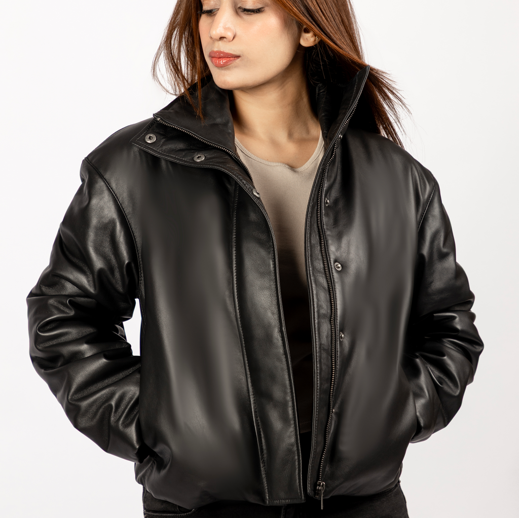 Bianca Oversized Leather Puffer in Black