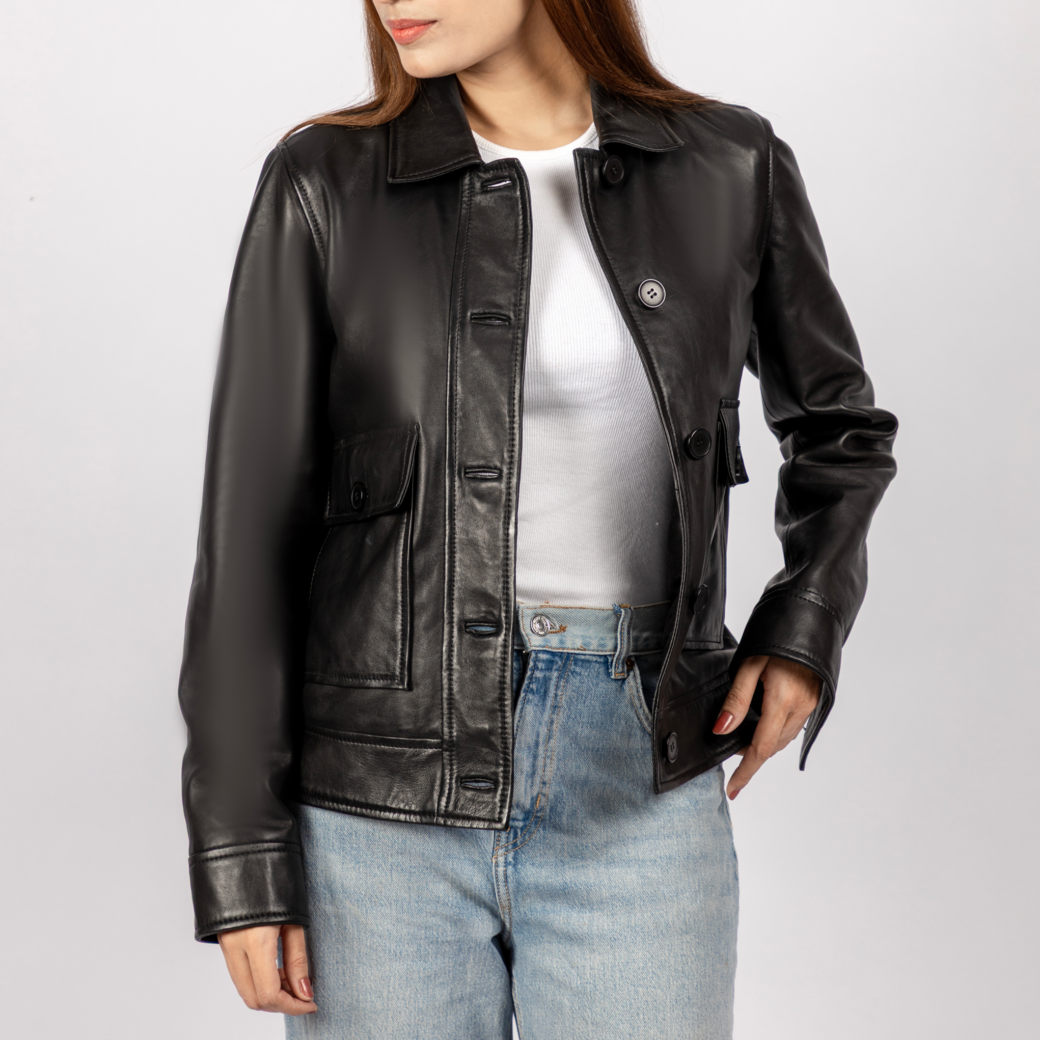 Amy Burnished Leather Shacket in Black