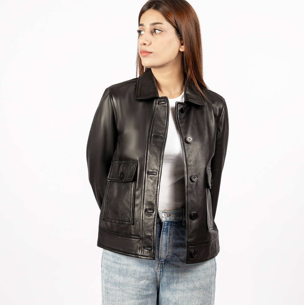 Amy Burnished Leather Shacket in Black