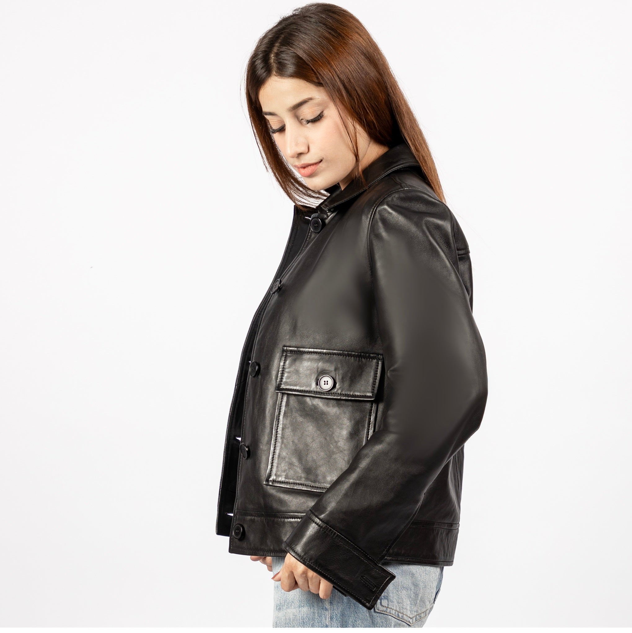 Amy Burnished Leather Shacket in Black