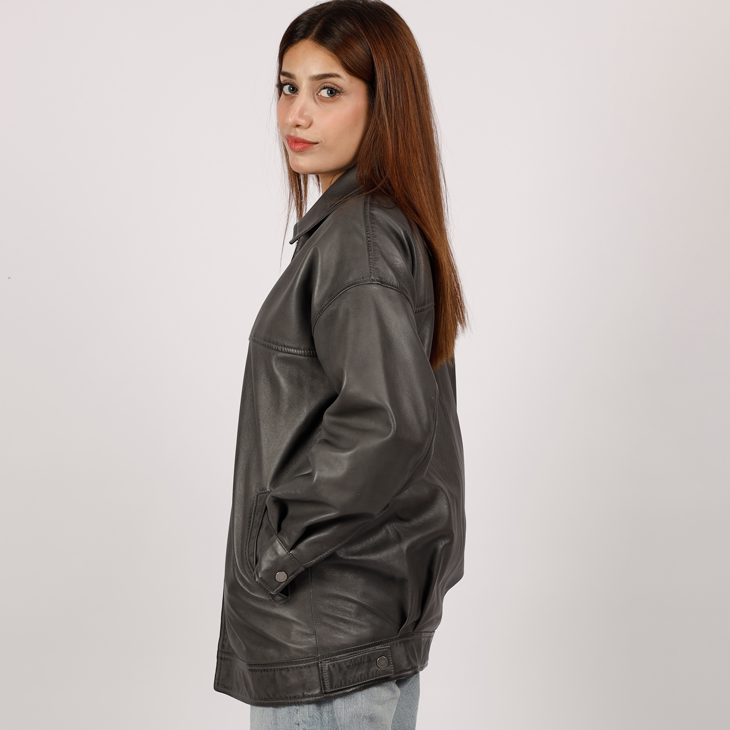 Mandy Oversized Leather Bomber in Dark Grey