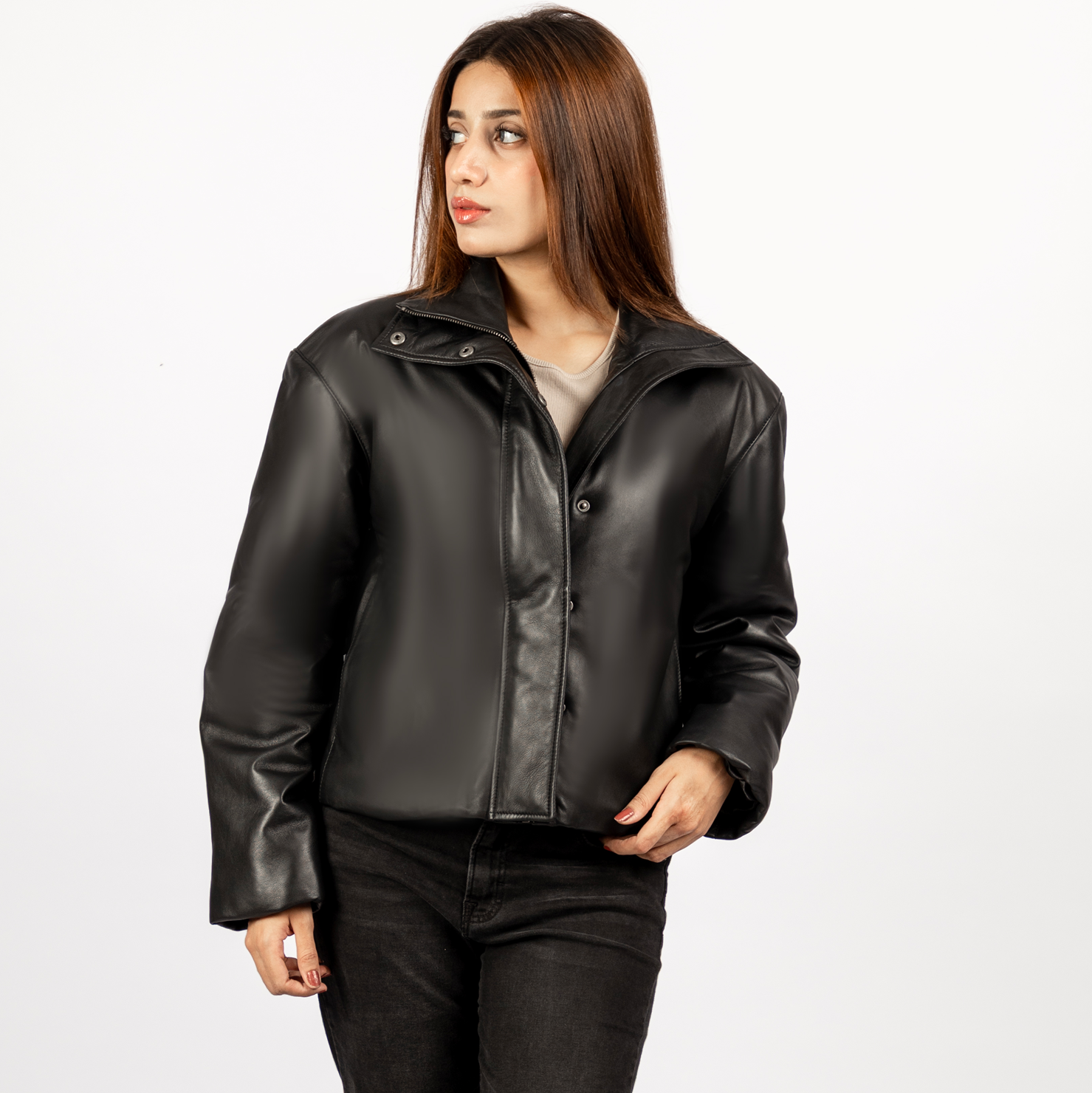 Bianca Oversized Leather Puffer in Black