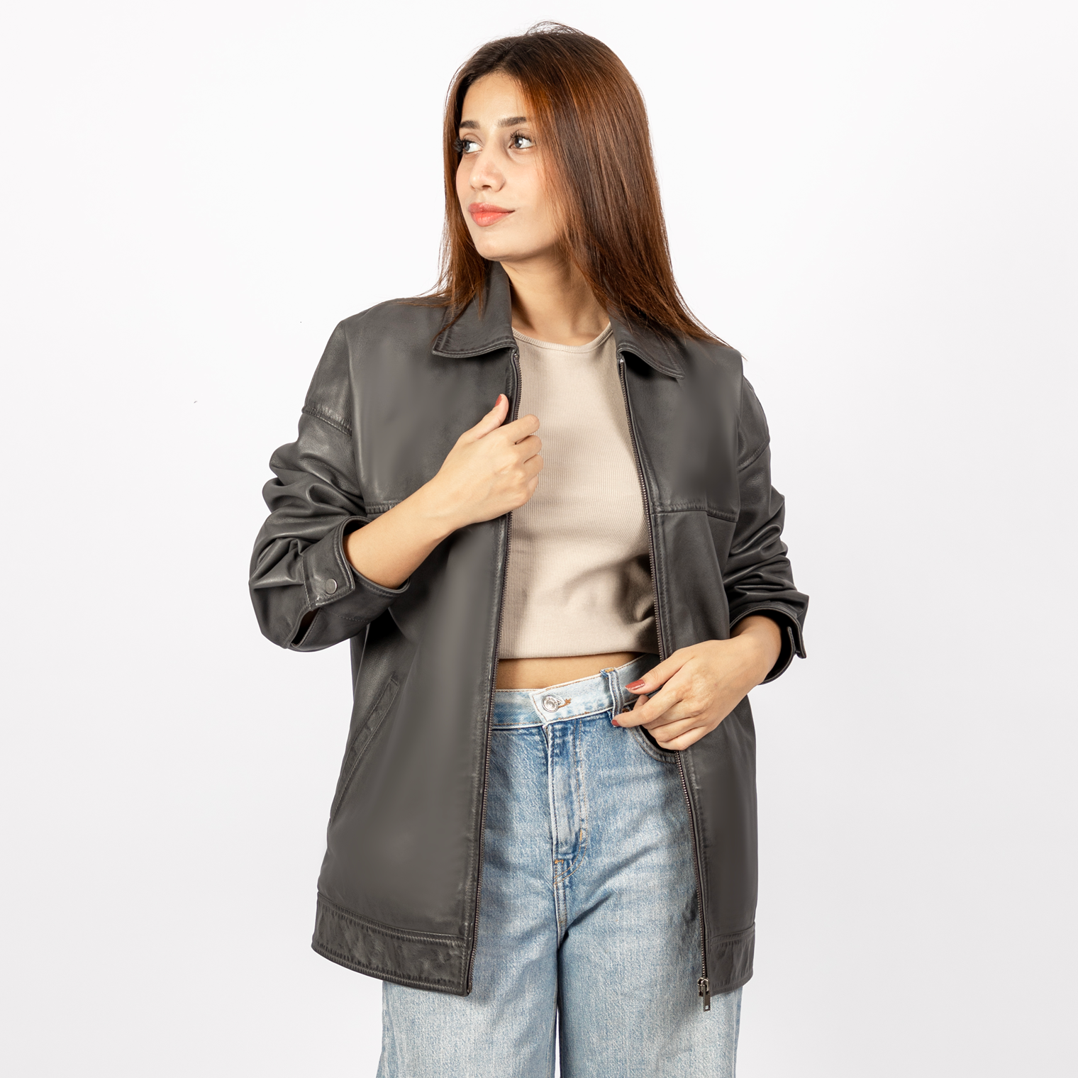 Mandy Oversized Leather Bomber in Dark Grey