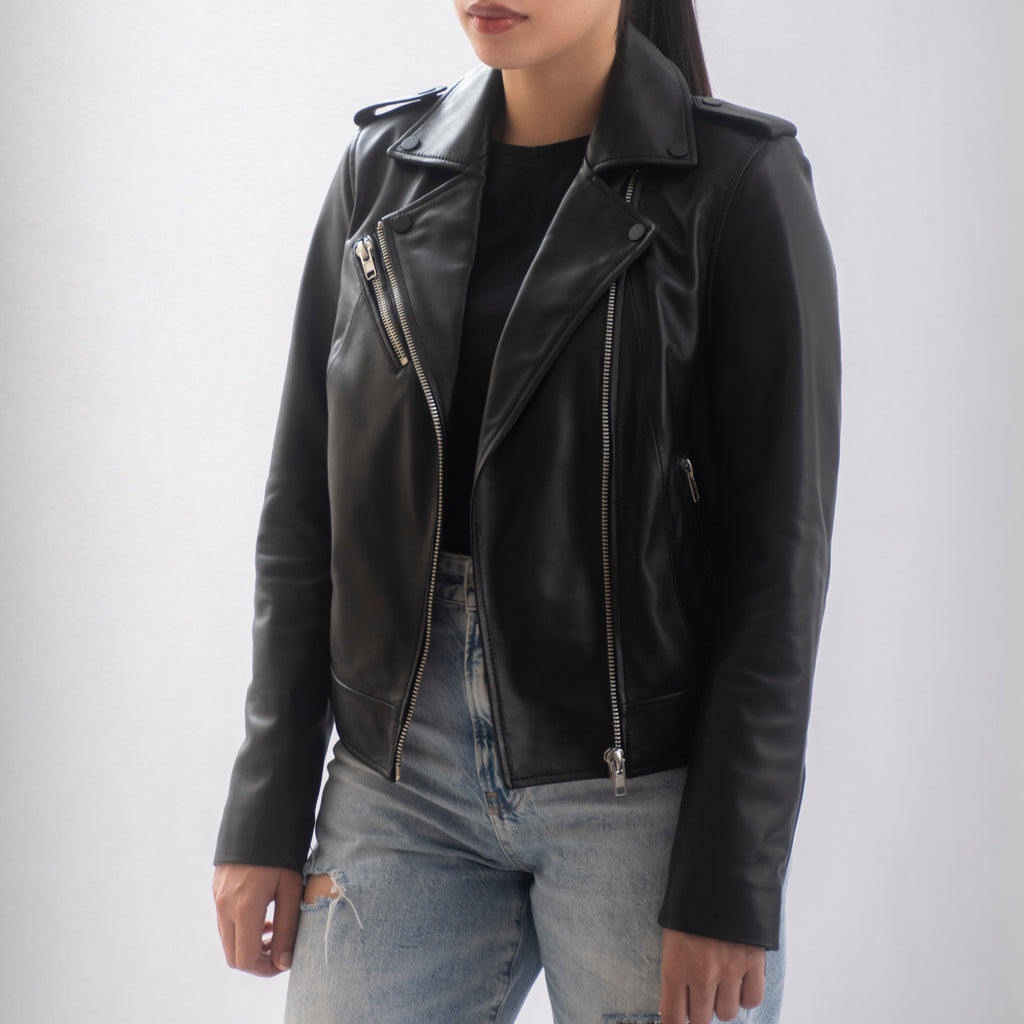 Sasha Asymmetrical Women’s Leather Moto Jacket in Black
