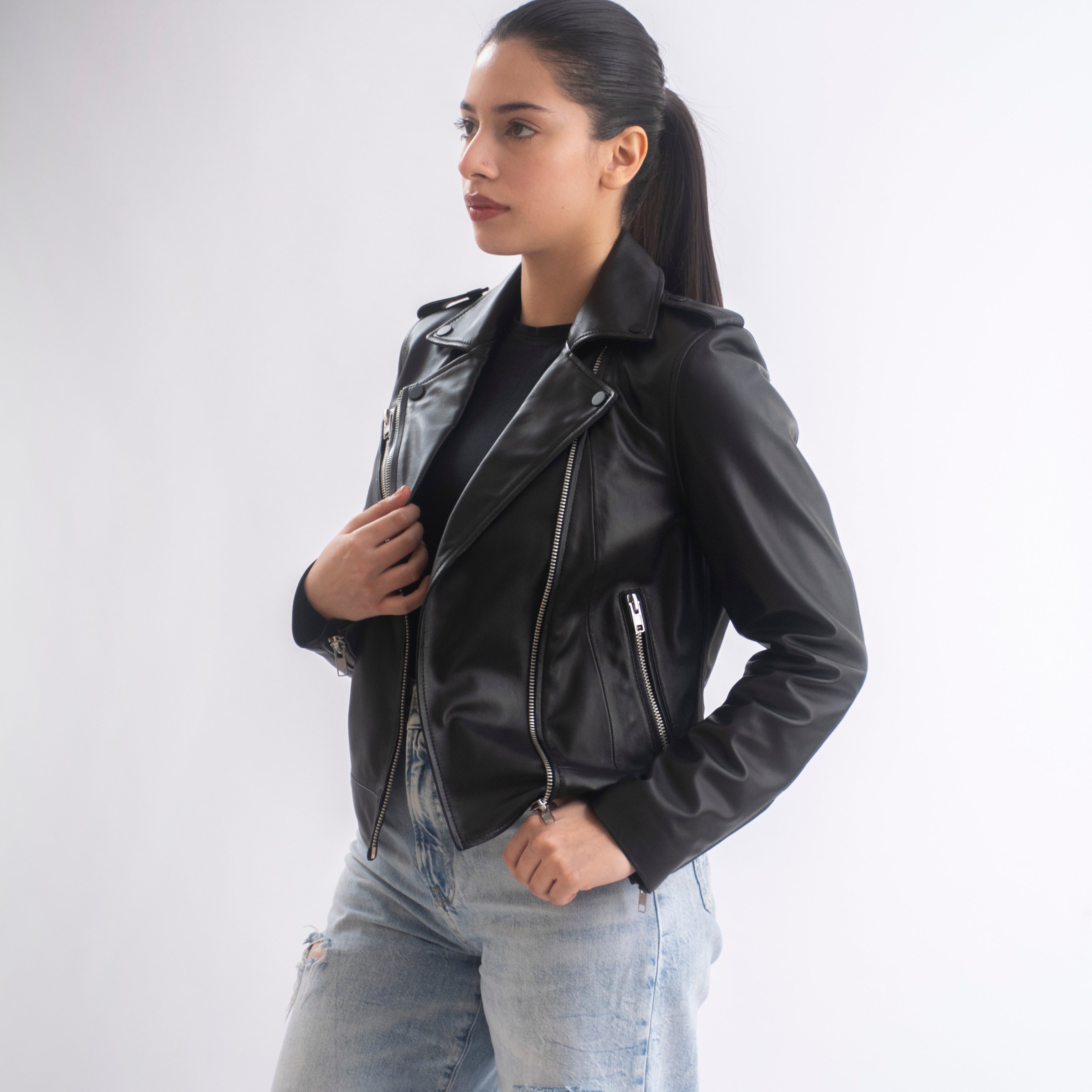 Sasha Asymmetrical Women’s Leather Moto Jacket in Black