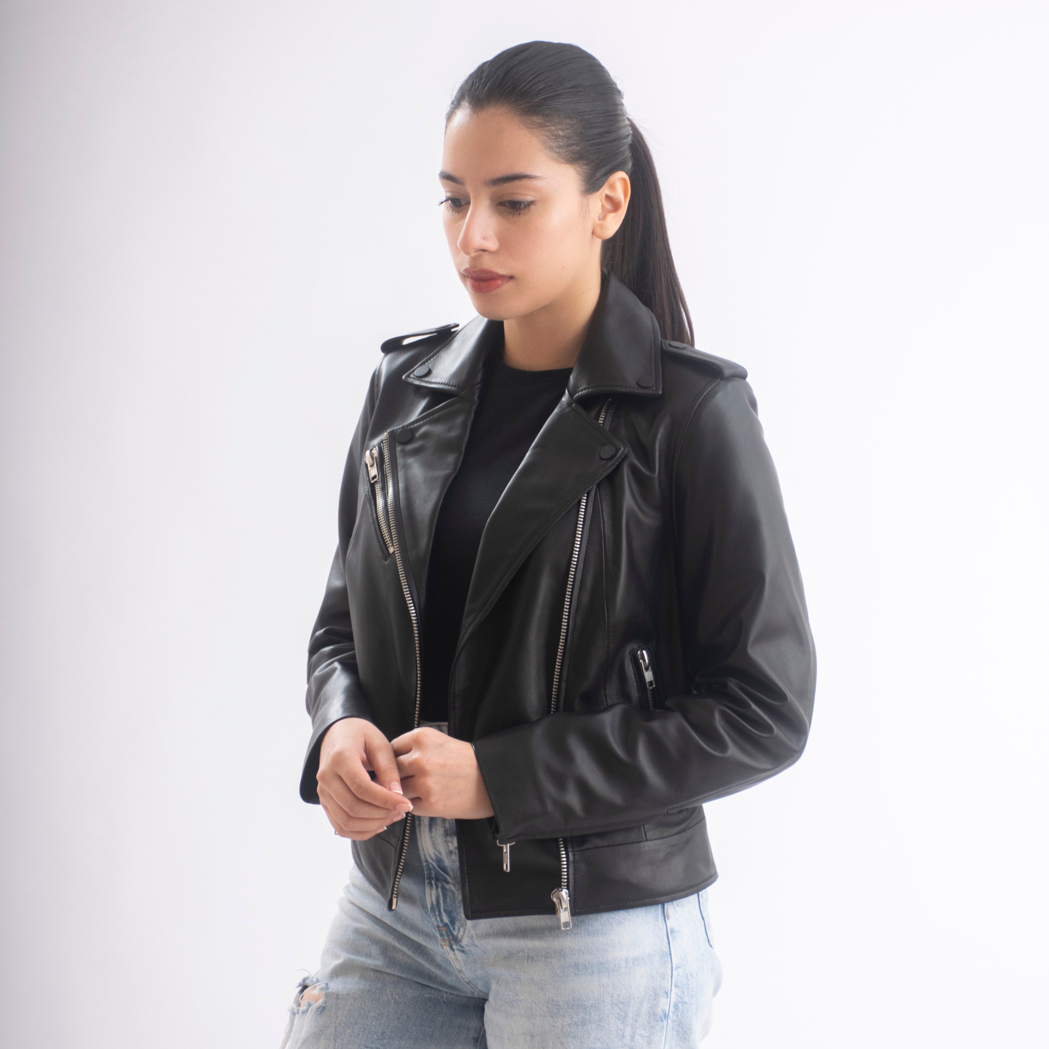 Sasha Asymmetrical Women’s Leather Moto Jacket in Black