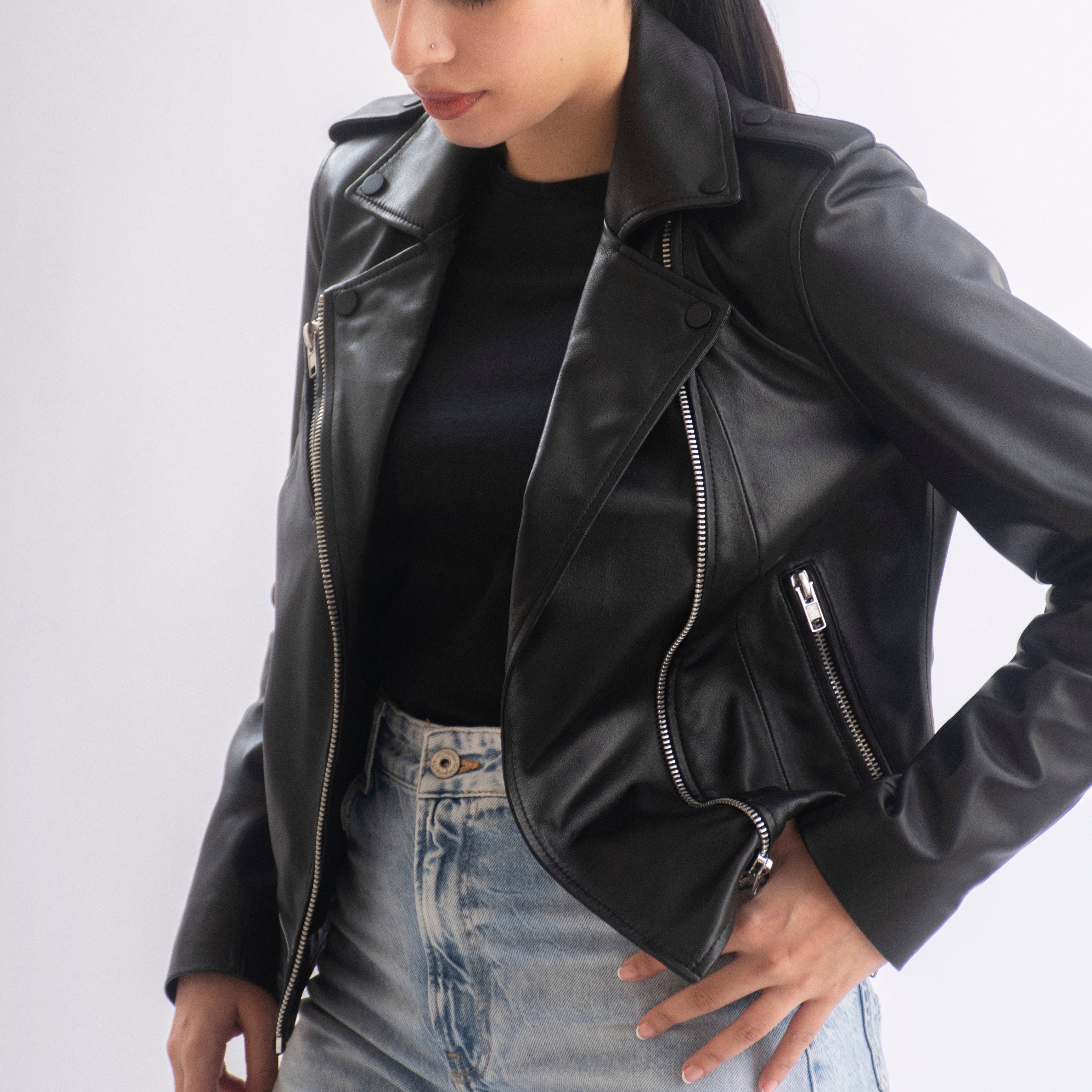 Sasha Asymmetrical Women’s Leather Moto Jacket in Black