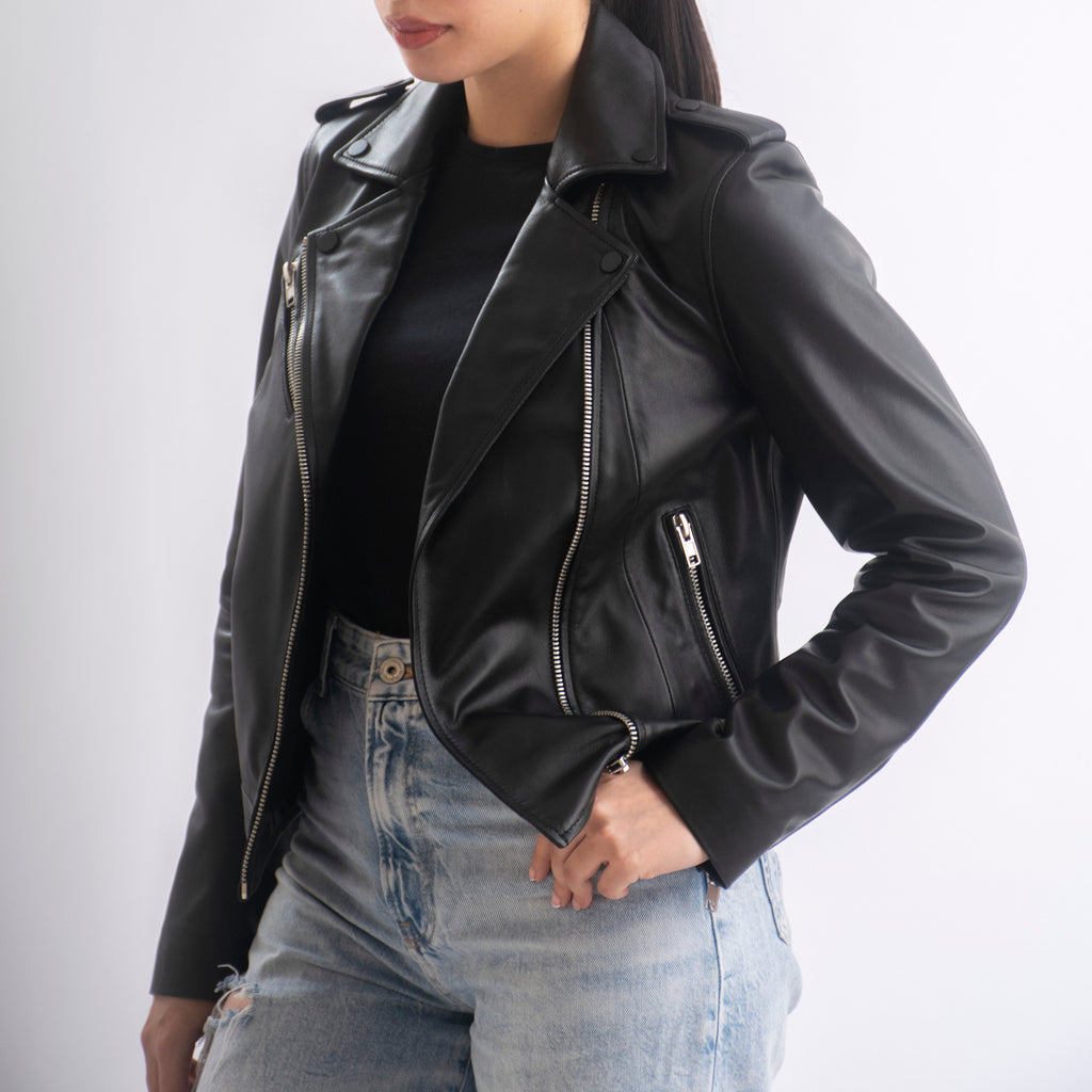 Sasha Asymmetrical Women’s Leather Moto Jacket in Black