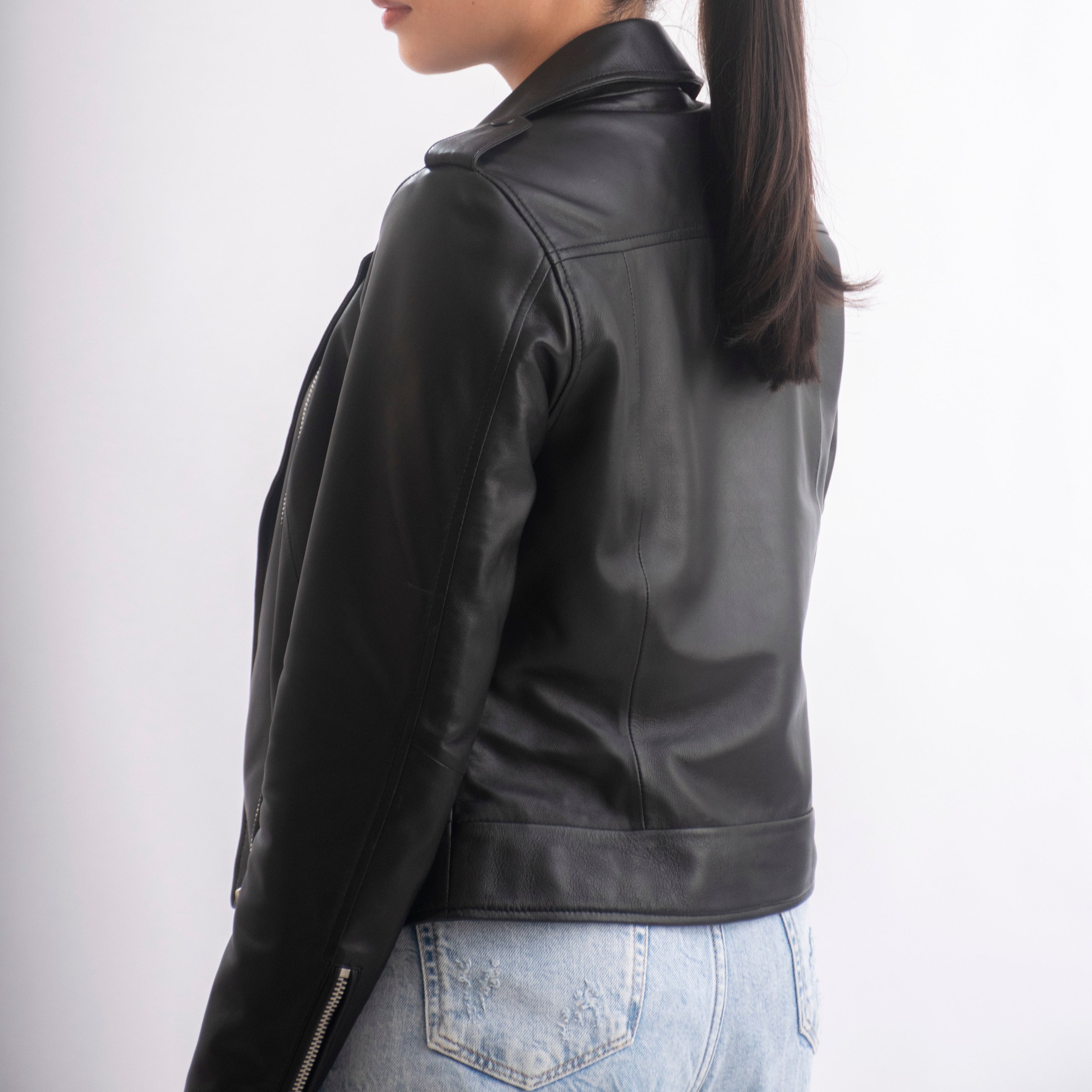 Sasha Asymmetrical Women’s Leather Moto Jacket in Black