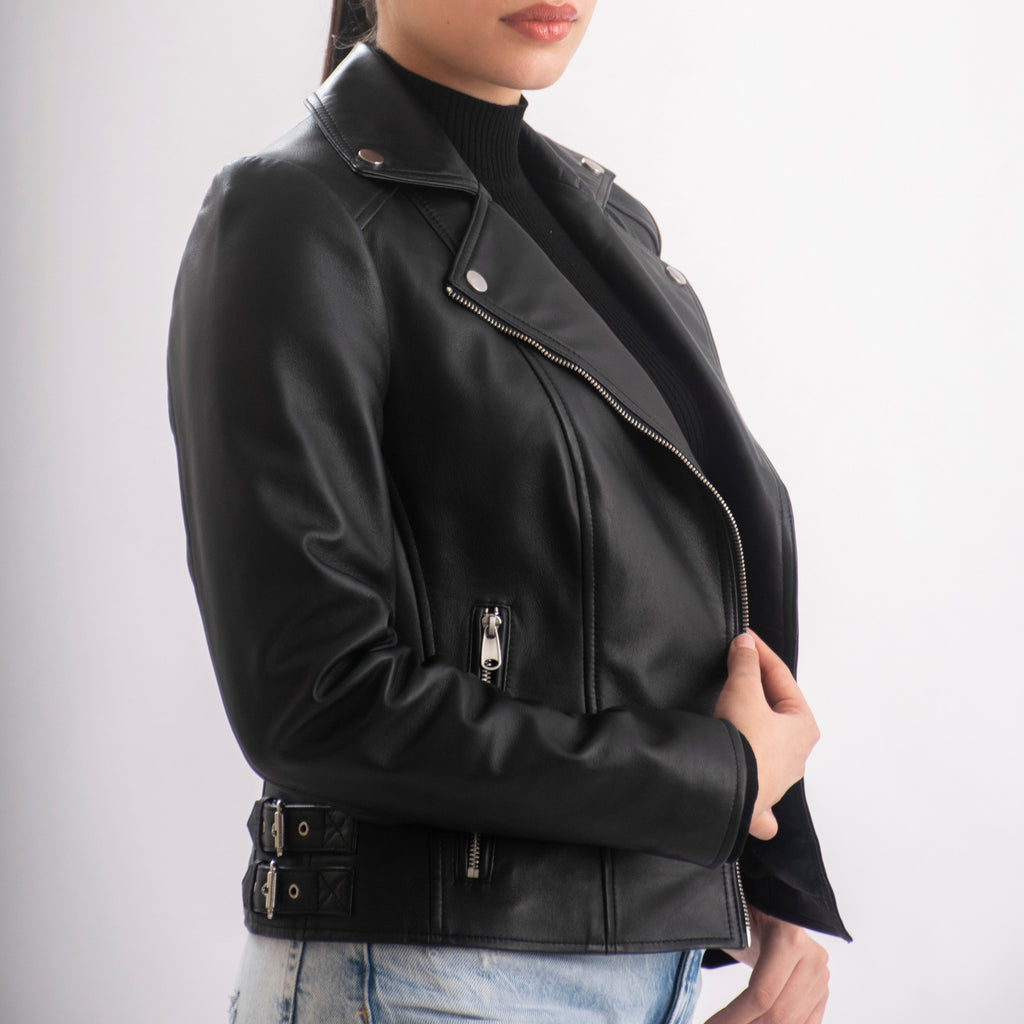 Sophie Classic Women’s Leather Biker Jacket in Black