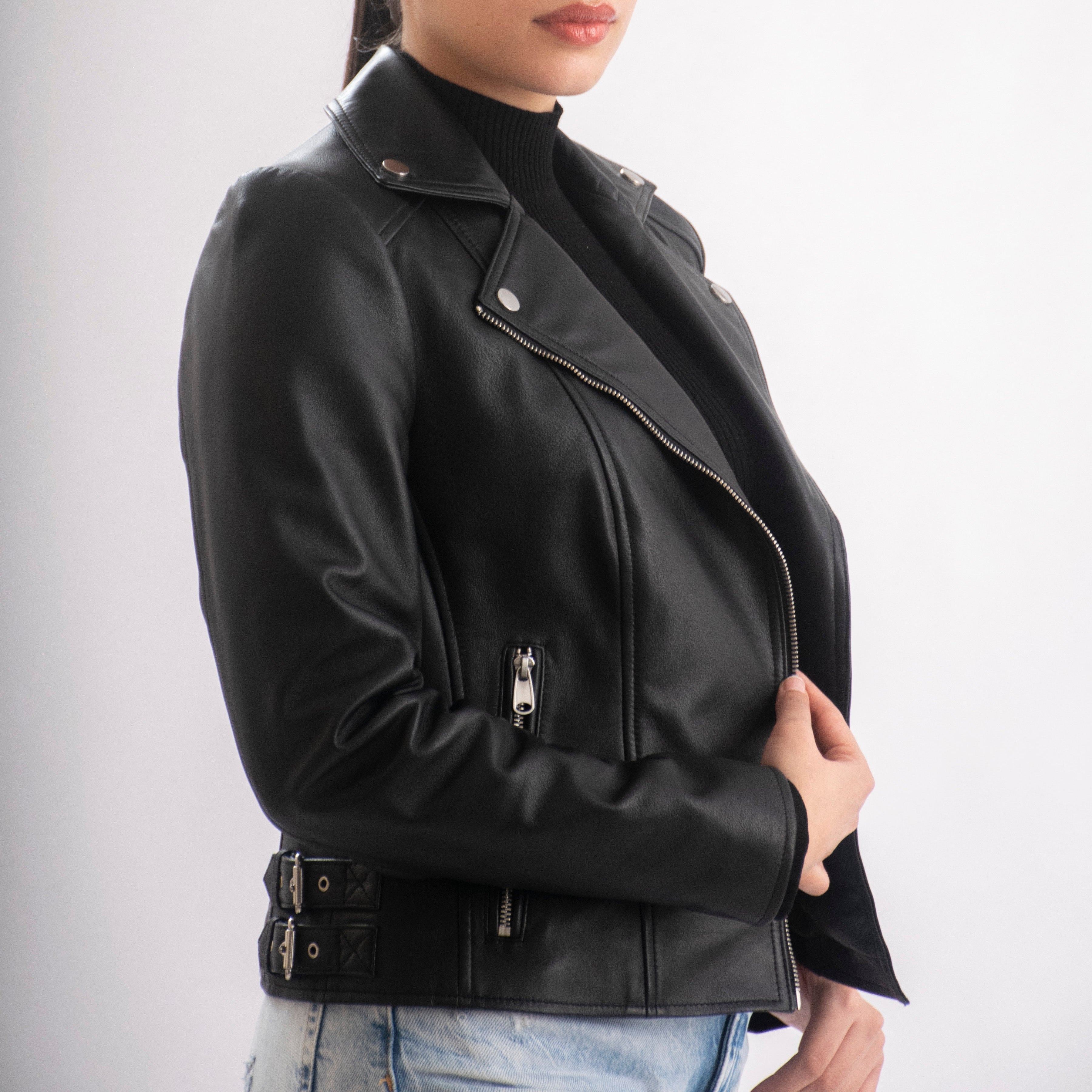 Sophie Classic Women’s Leather Biker Jacket in Black