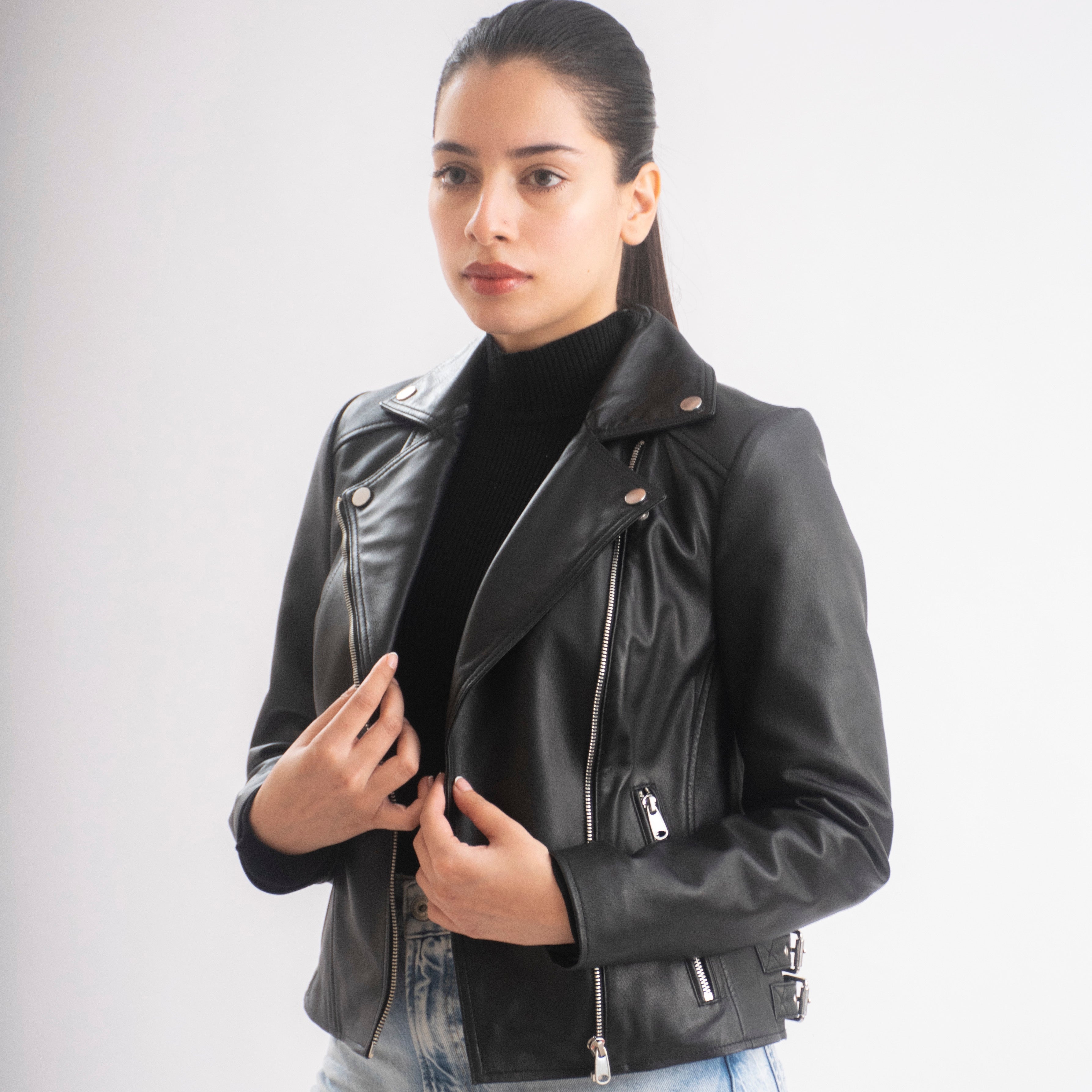 Sophie Classic Women’s Leather Biker Jacket in Black