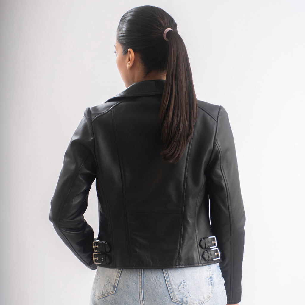 Sophie Classic Women’s Leather Biker Jacket in Black