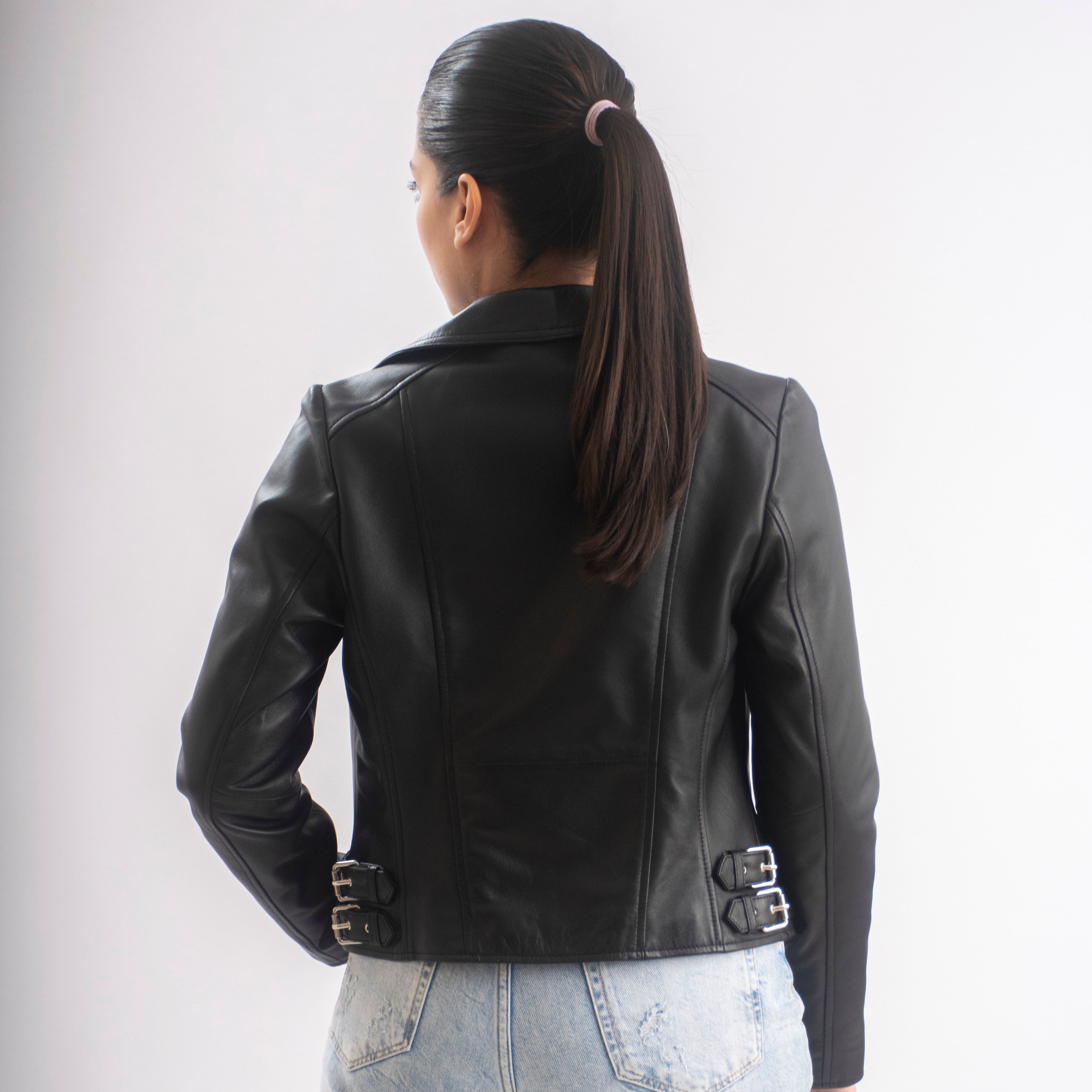 Sophie Classic Women’s Leather Biker Jacket in Black