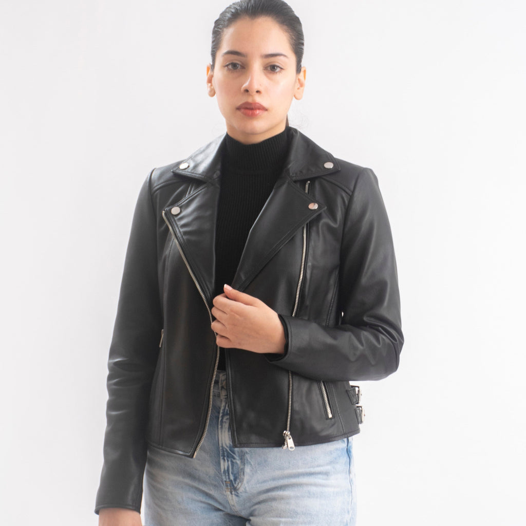 Sophie Classic Women’s Leather Biker Jacket in Black