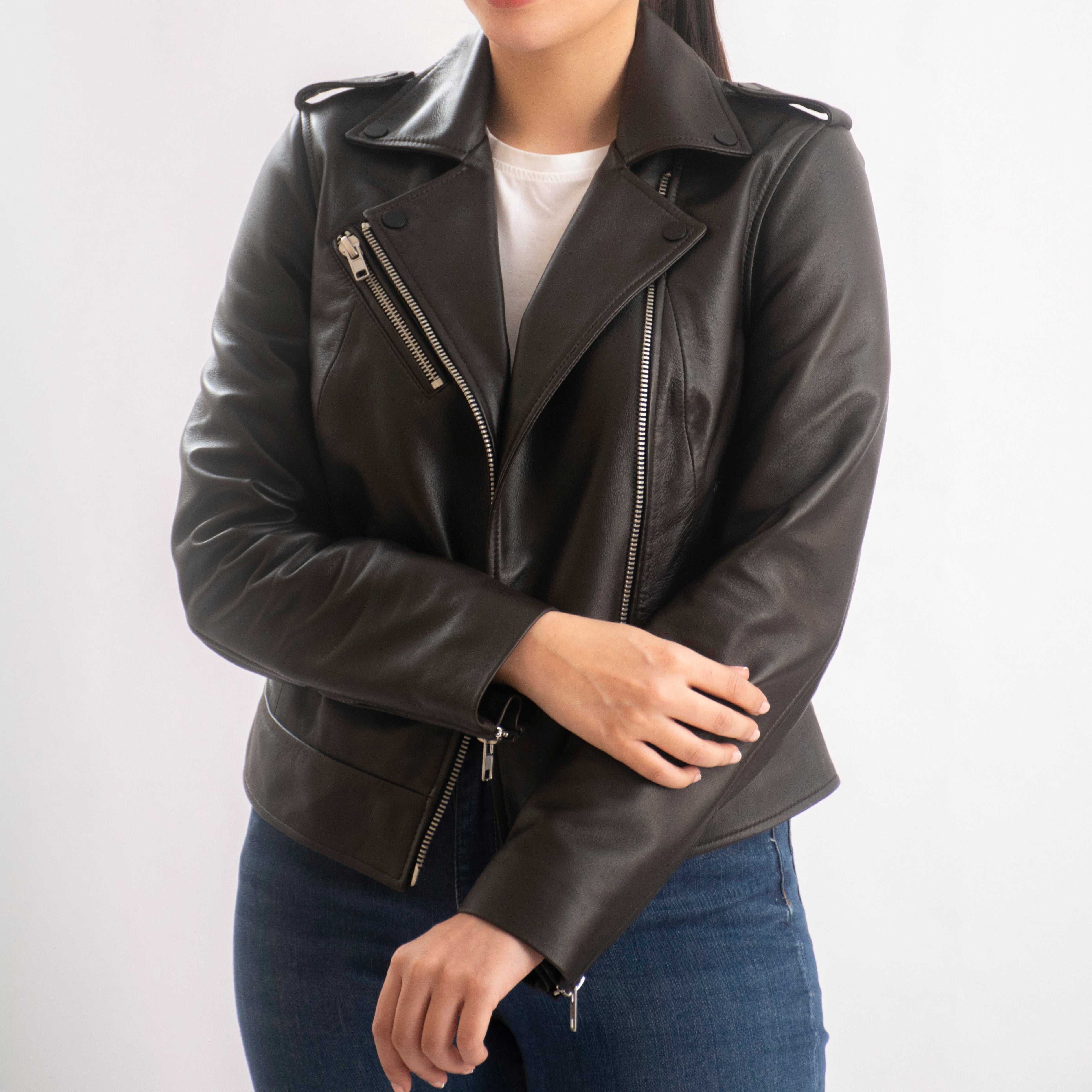 Sasha Asymmetrical Women’s Leather Moto Jacket in Dark Brown