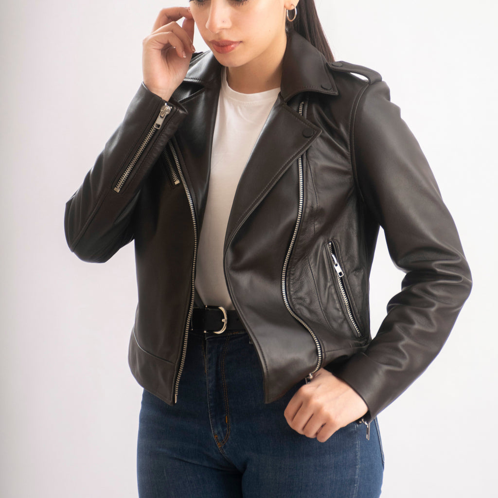 Sasha Asymmetrical Women’s Leather Moto Jacket in Dark Brown
