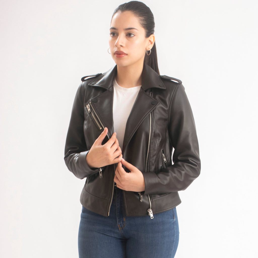 Sasha Asymmetrical Women’s Leather Moto Jacket in Dark Brown