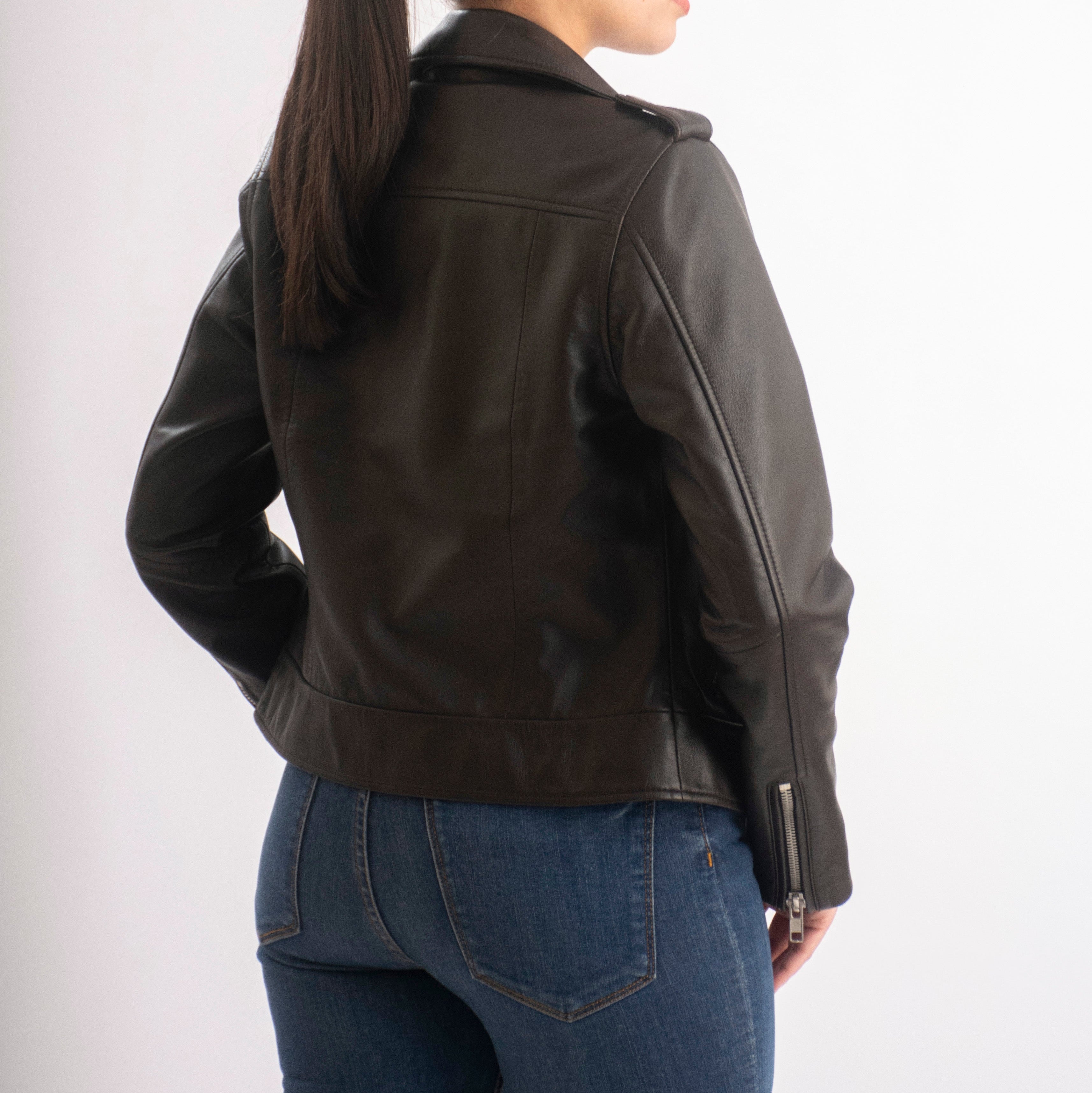 Sasha Asymmetrical Women’s Leather Moto Jacket in Dark Brown