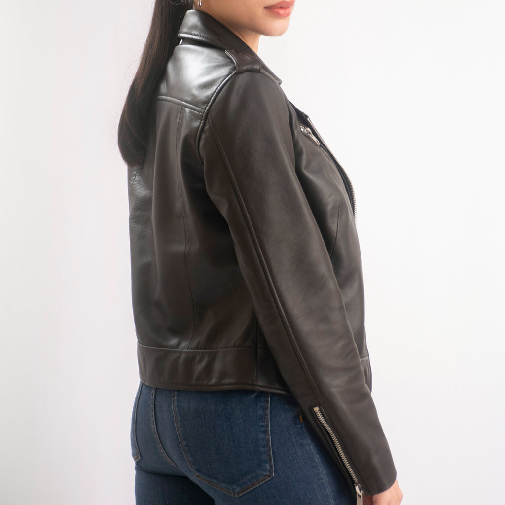 Sasha Asymmetrical Women’s Leather Moto Jacket in Dark Brown