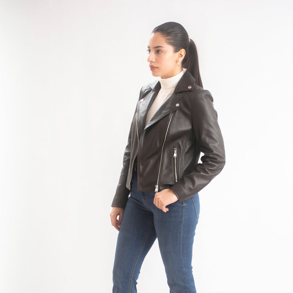 Sophie Classic Women’s Leather Biker Jacket in Dark Brown