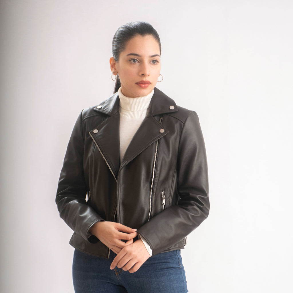 Sophie Classic Women’s Leather Biker Jacket in Dark Brown