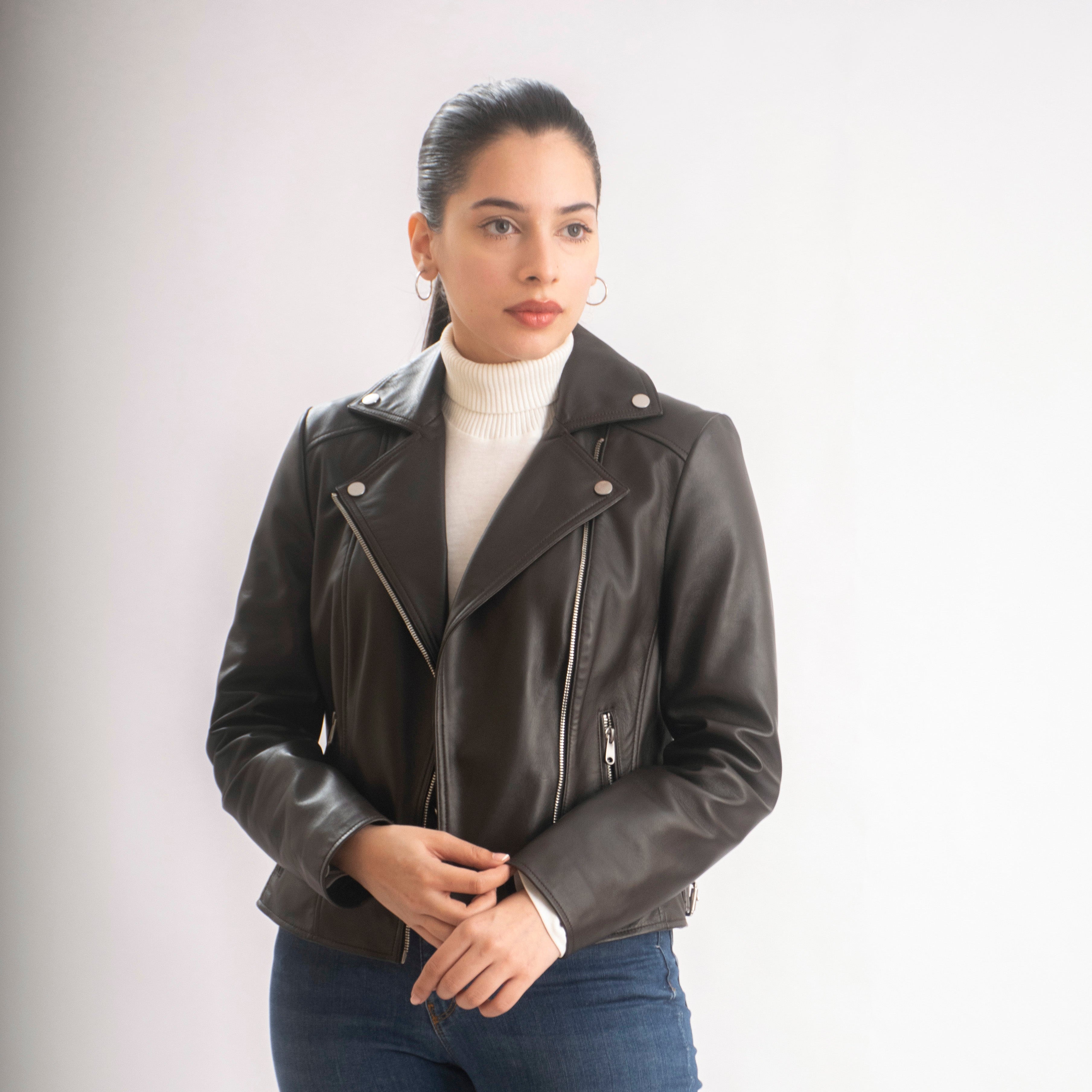 Sophie Classic Women’s Leather Biker Jacket in Dark Brown