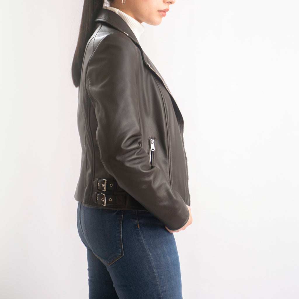 Sophie Classic Women’s Leather Biker Jacket in Dark Brown