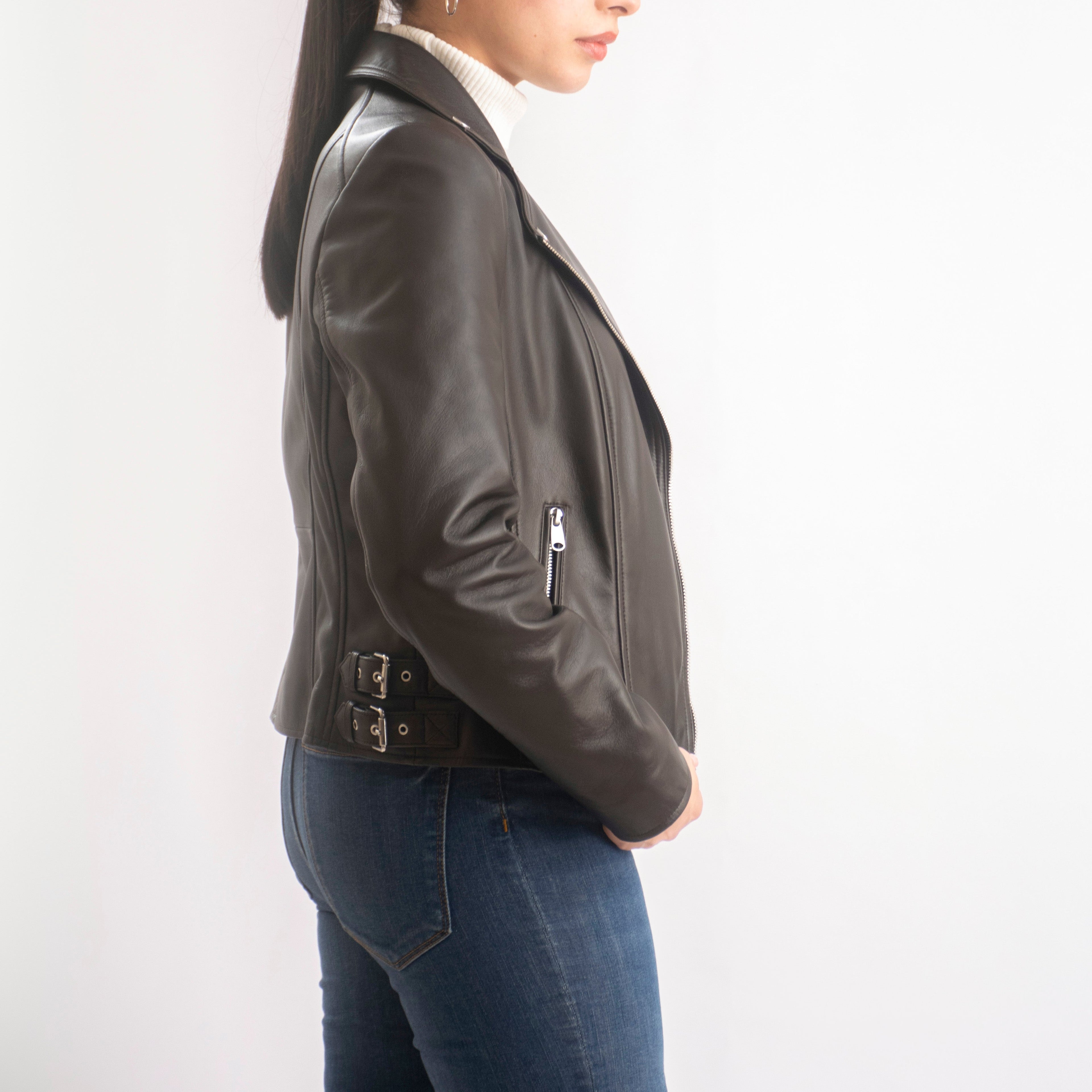 Sophie Classic Women’s Leather Biker Jacket in Dark Brown