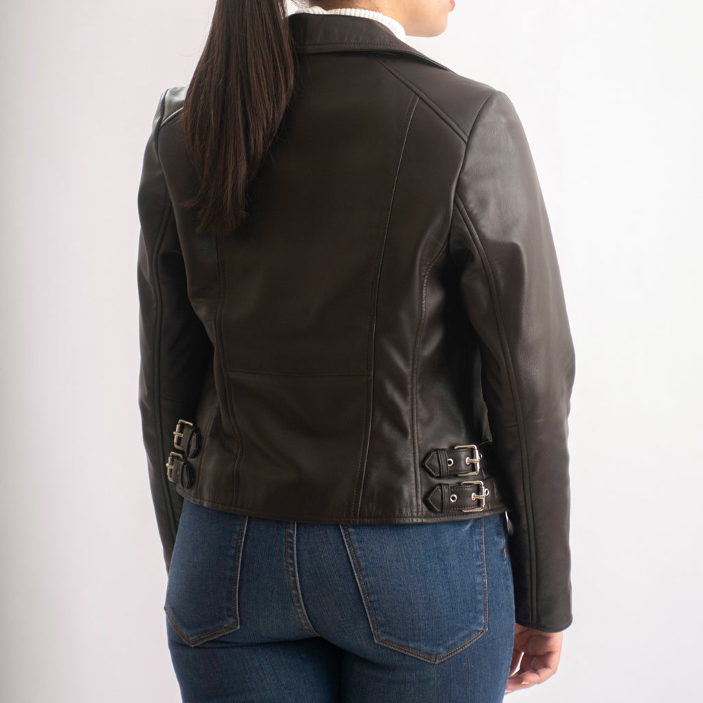 Sophie Classic Women’s Leather Biker Jacket in Dark Brown