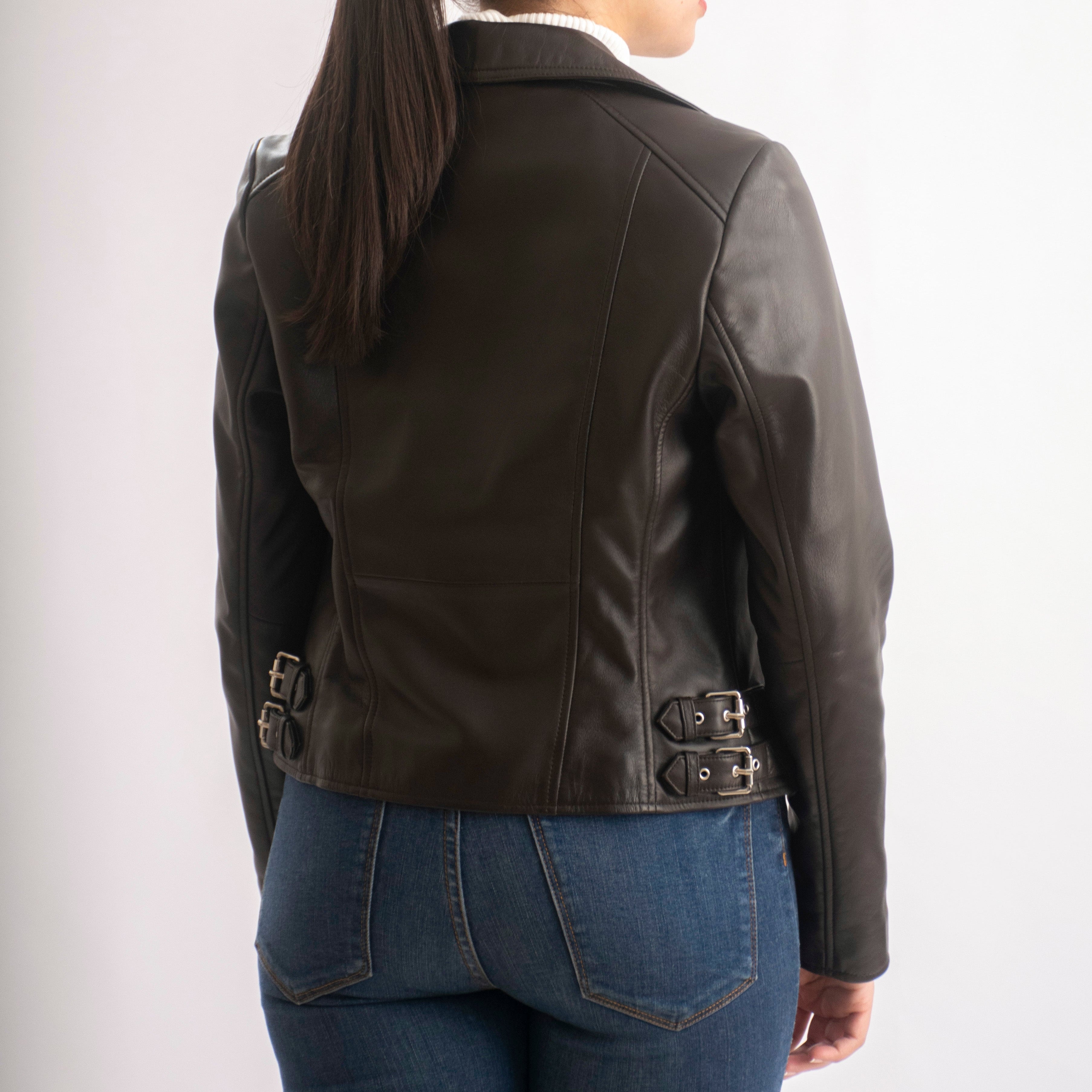 Sophie Classic Women’s Leather Biker Jacket in Dark Brown