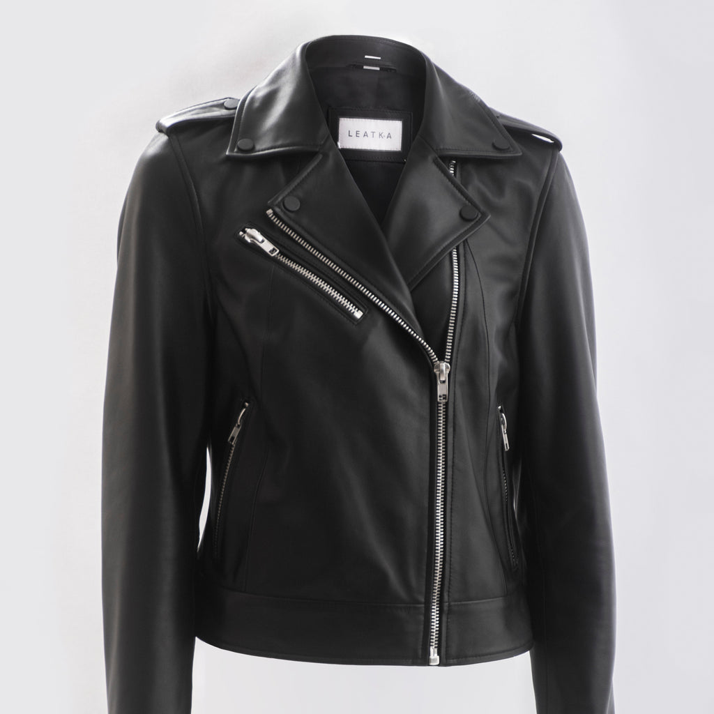 Sasha Asymmetrical Women’s Leather Moto Jacket in Black